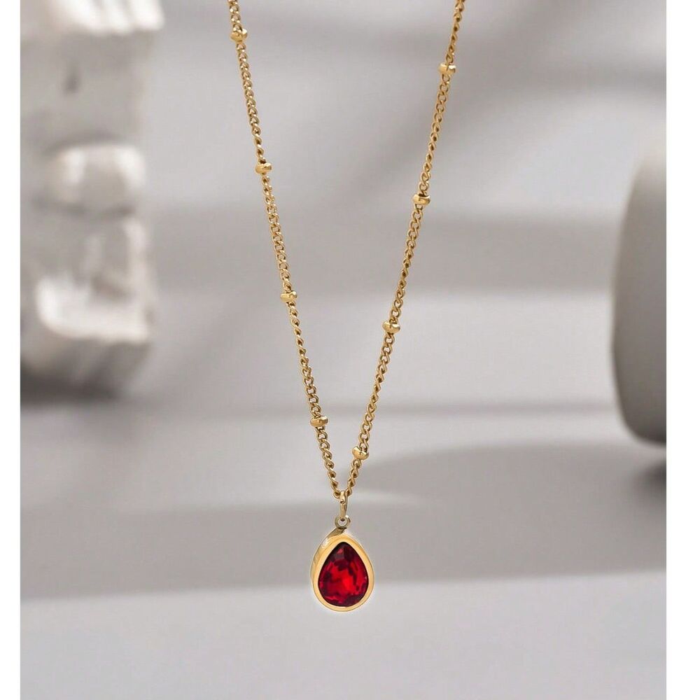 Red Teardrop Zirconia Crystal Pendant Necklace 18K Gold Plated Gemstone Charm